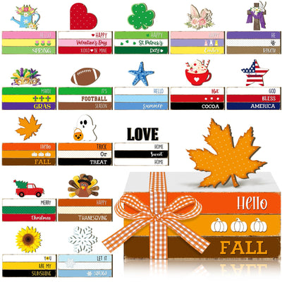 Fall Wooden Decor Table Centerpiece Maple Leaf Seasonal Highland Cow Autumn Decoration Tiered Tray Decor Gift for Table Mantel Shelves Office(Book Block)