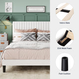Allewie Queen Bed Frame, Velvet Upholstered Platform Bed with Adjustable Vertical Channel Tufted Headboard, Mattress Foundation with Strong Wooden Slats, Box Spring Optional, Easy Assembly, White Allewie