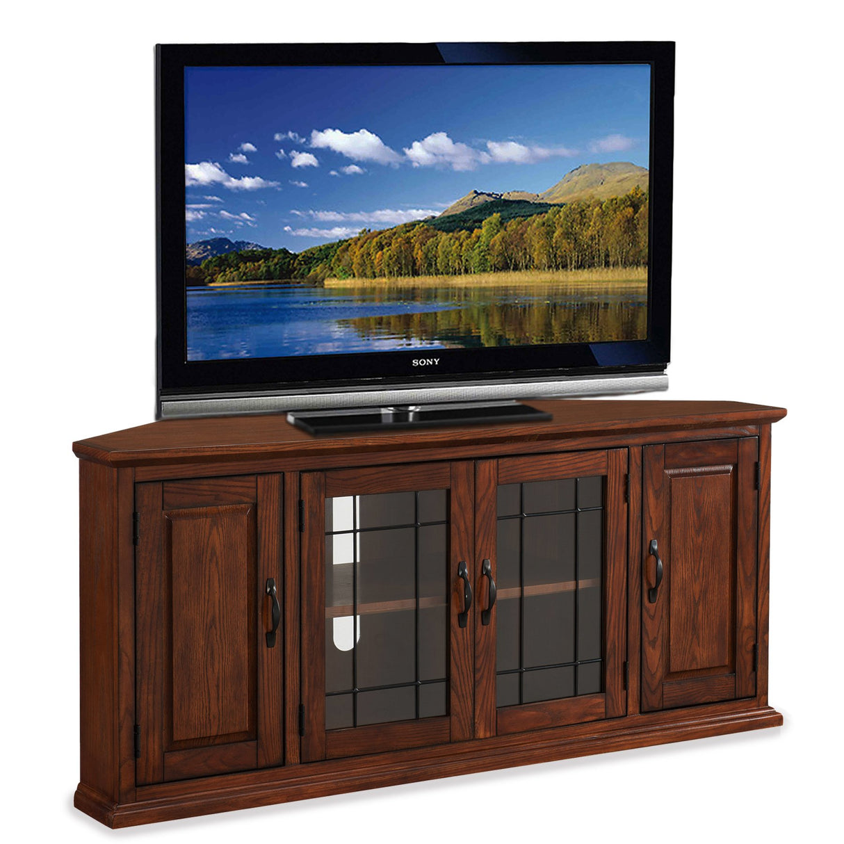 Leick Home 80386 Leaded Glass Corner TV Stand with Enclosed Storage For 60" TV's, Burnished Oak Leick Home