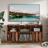 Oubayajia Large Record Player Stand With Power Outlet - Vinyl Storage Holder and Turntable Table (Walnut, 55.11''W*15.74''D*29.52''H) Oubayajia