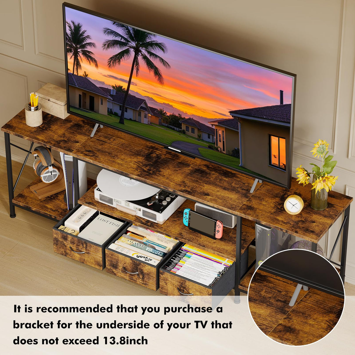 YGEOMER TV Stand Entertainment Center for 65 Inch TV with Power Outlets TV Console Table with Metal Frame Storage Shelves and Fabric Drawers for Living Room, Bedroom 63" Rustic Brown YGEOMER