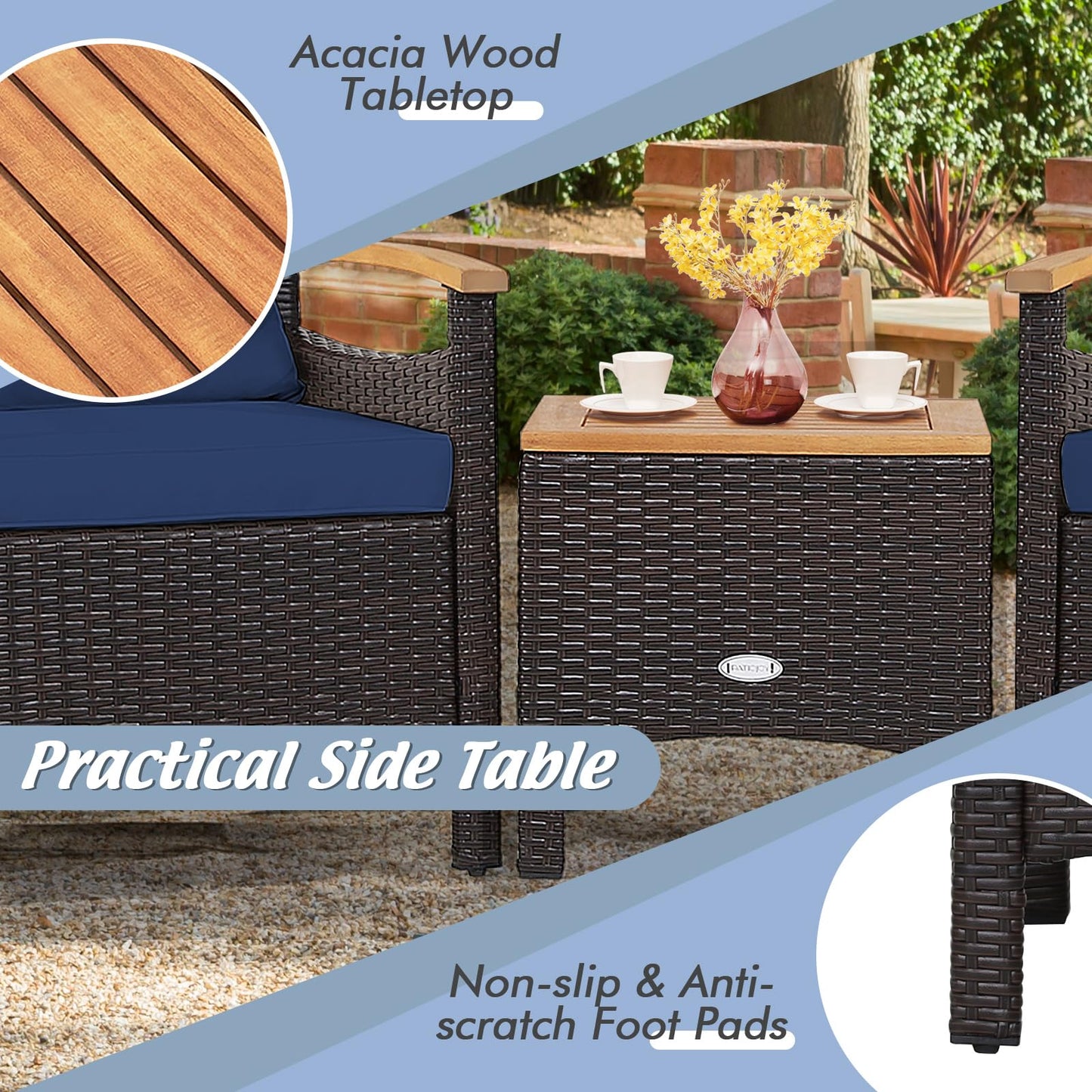 KOTEK 3 Piece Patio Furniture Set, Outdoor Conversation Set with Removable Cushions, Acacia Wood Tabletop and Armrests, PE Rattan Wicker Bistro Set for Porch, Balcony, Backyard (Navy Blue) - WoodArtSupply