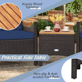 KOTEK 3 Piece Patio Furniture Set, Outdoor Conversation Set with Removable Cushions, Acacia Wood Tabletop and Armrests, PE Rattan Wicker Bistro Set for Porch, Balcony, Backyard (Navy Blue) KOTEK