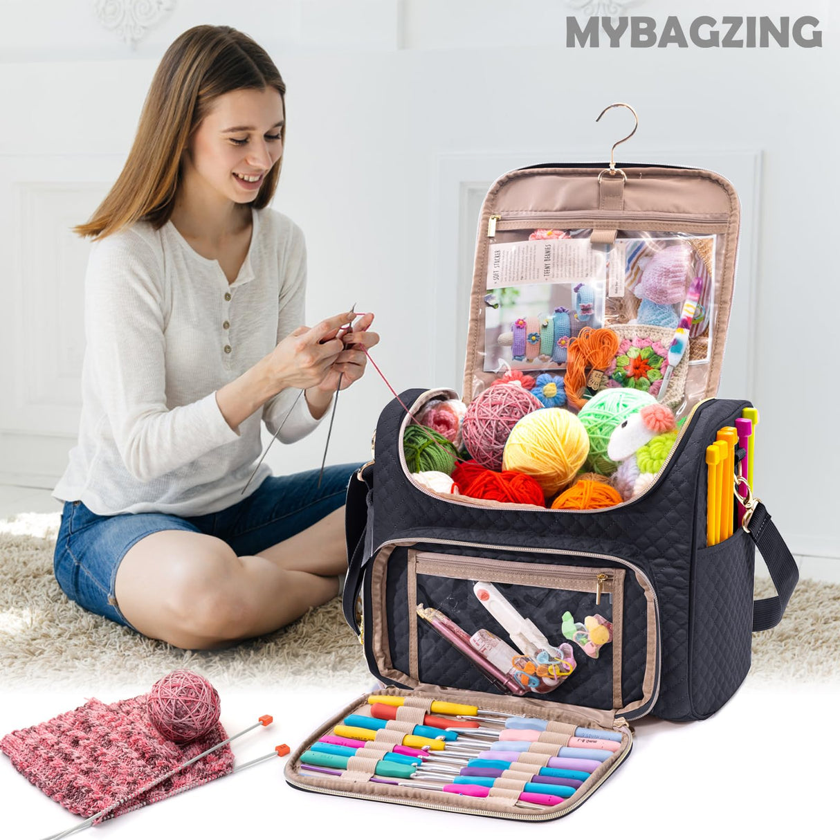 MYBAGZING Crochet Bag Organizer - Quilted Storage Bag with Hanging Hook, Knitting & Yarn Tote for Crochet Accessories, Mother's Day Gift MYBAGZING