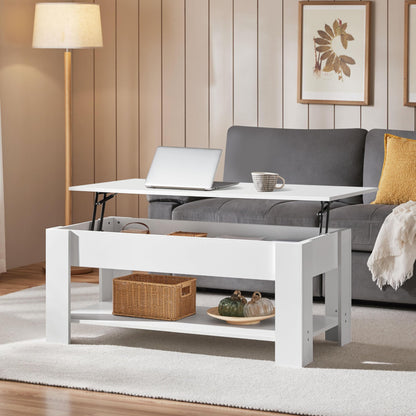 Yaheetech Lift Top Coffee Table with Hidden Compartment and Storage Shelf, Rising Tabletop Dining Table for Living Room Reception Room, 47.5in L, White