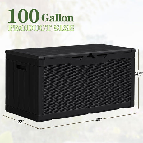 Greesum 100 Gallon Resin Deck Box Lockable Large Outdoor Storage Boxes for Garden Tools, Patio Furniture Cushions, Pool Supplies, Black Greesum
