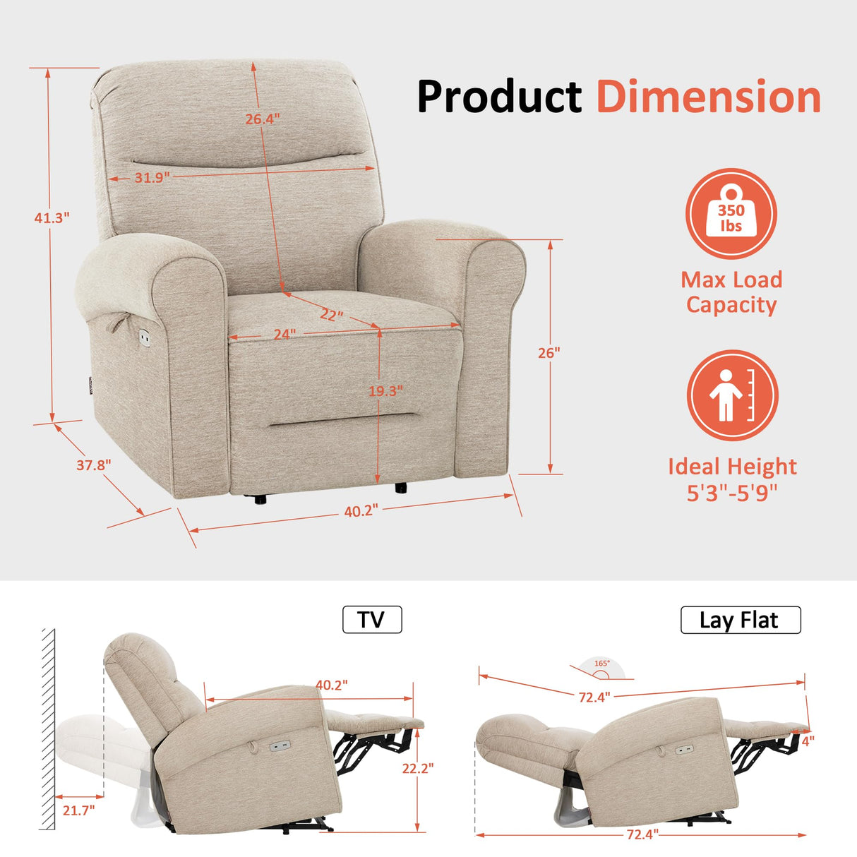 MCombo Dual Motor Power Lift Recliner Chair with Massage and Heat for Elderly, USB Ports, Lay Flat, Fabric 7666 (Beige) MCombo