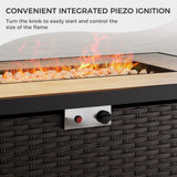 Grand patio 8-Piece Patio Furniture Set with 47" Fire Pit Table, Outdoor Conversation Set & 50,000 BTU 47 Inch Rectangle Propane Fire Pit with Water Resistant Blue Thick Cushions, Brown Grand patio