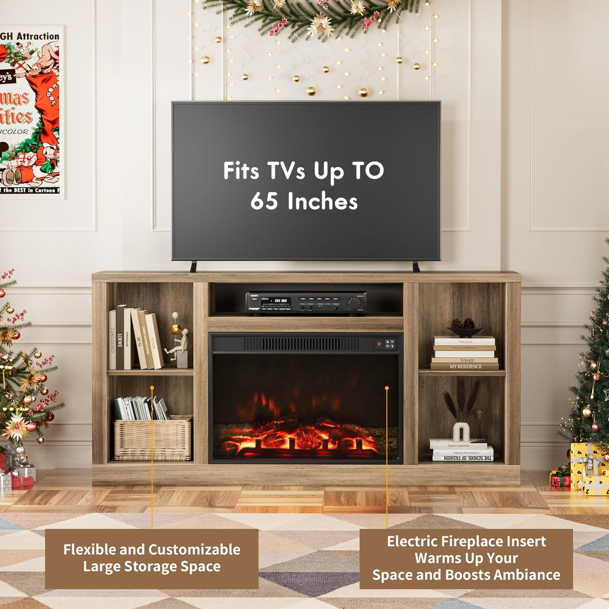 Furniwell Fireplace TV Stand for 65 Inch TV, Media Entertainment Center Console Table with 26" Electric Fireplace, Farmhouse TV Stand with Storage Cabinet for Living Room (Natural) Furniwell