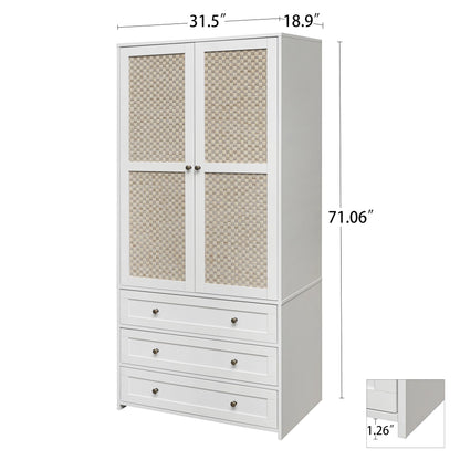 Ampela Rattan Armoire Wardrobe Closet Wood 71" Tall with 2 Doors 3 Drawers,Freestanding Clothes Cabinet with Storage Cubes & Hanging Rod for Bedroom