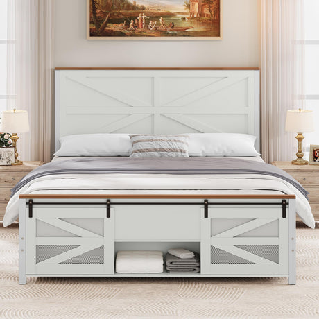 YITAHOME Farmhouse Queen Size Bed Frame with Sliding Barn Door Storage Cabinets, Farmhouse Platform Bed Frame with Headboard Solid Metal Slats Support, Noiseless, No Box Spring Needed, White YITAHOME