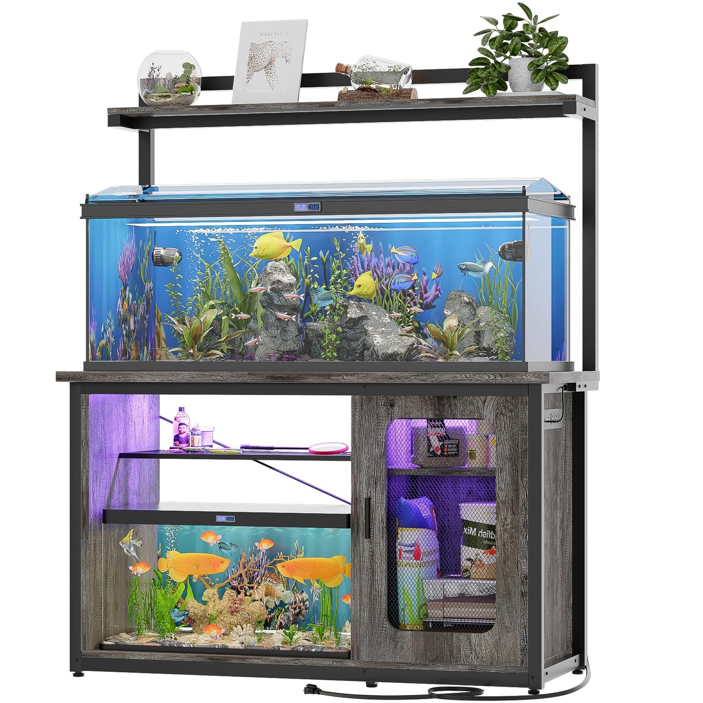 Unikito 55-75 Gallon Fish Tank Stand with Power Outlets & LED Light, Heavy Duty Aquarium Stand with Reversible Cabinet for Fish Tank Accessories Storage, Reptile Tank Stand Terrarium Stand, Black Oak