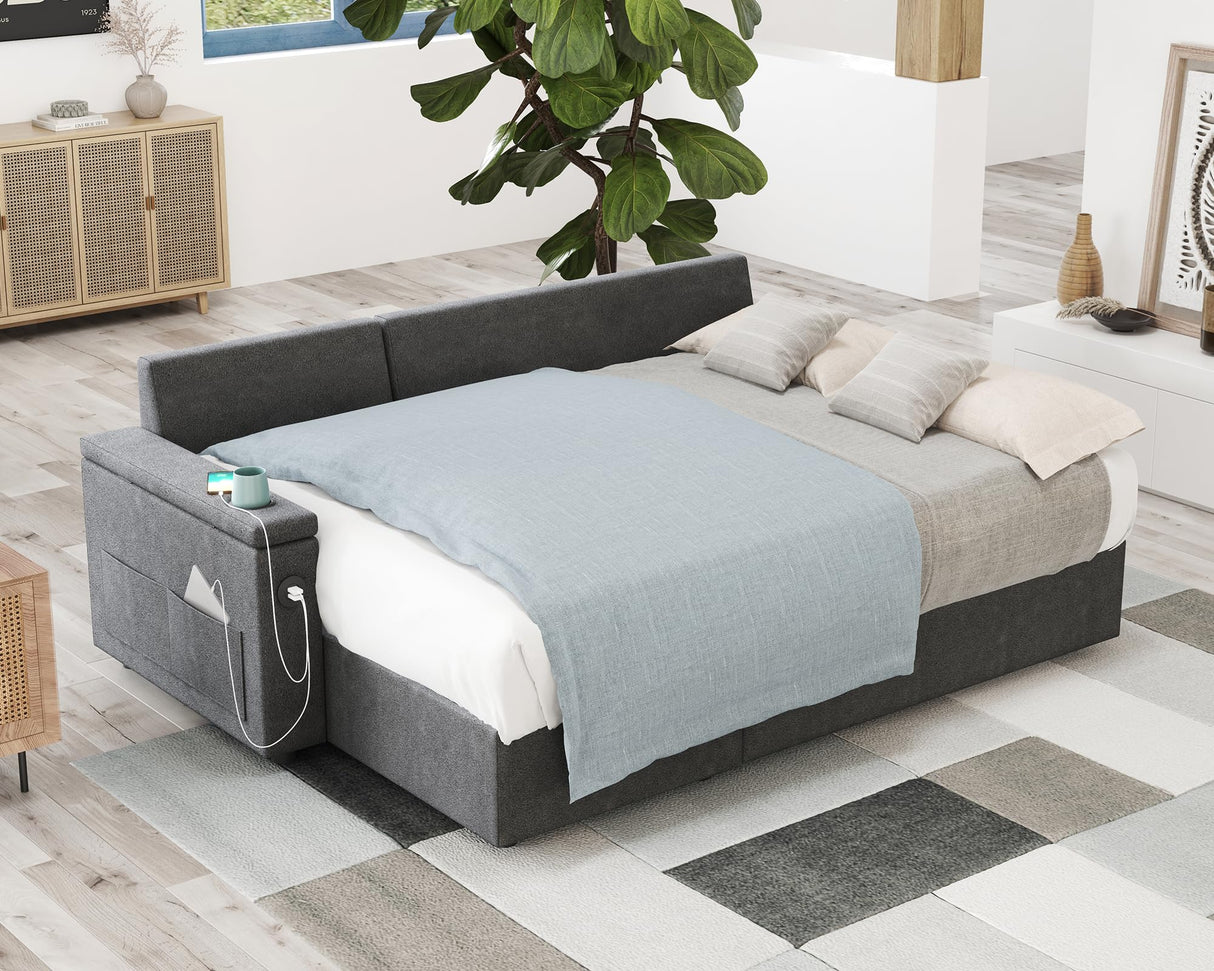 AMERLIFE 84 Inch Pull Out Couch Bed, Sofa Bed with Storage Chaise, L Shaped Sleeper Sofa with 2 USB Sockets & Cup Holders- Dark Grey AMERLIFE