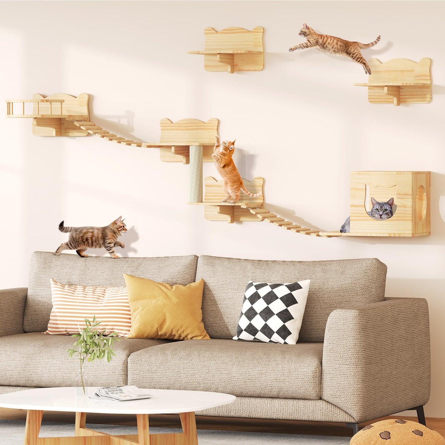 YITAHOME Cat Wall Shelves and Perches for Wall, Solid Wood Wall Mounted Cat Furniture 9 Piece Set, Cat Climbing Shelves Playground Scratching Post with 4 Steps Indoor Mounted Condos House