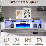 AMERLIFE 70in Floating Fireplace TV Stand with 36" Electric Fireplace and LED Lights, Wall Mounted Entertainment Center with Storage, Modern Media Console for TVs Up to 80", White AMERLIFE