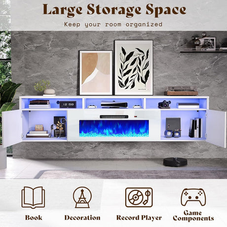 AMERLIFE 70in Floating Fireplace TV Stand with 36" Electric Fireplace and LED Lights, Wall Mounted Entertainment Center with Storage, Modern Media Console for TVs Up to 80", White AMERLIFE