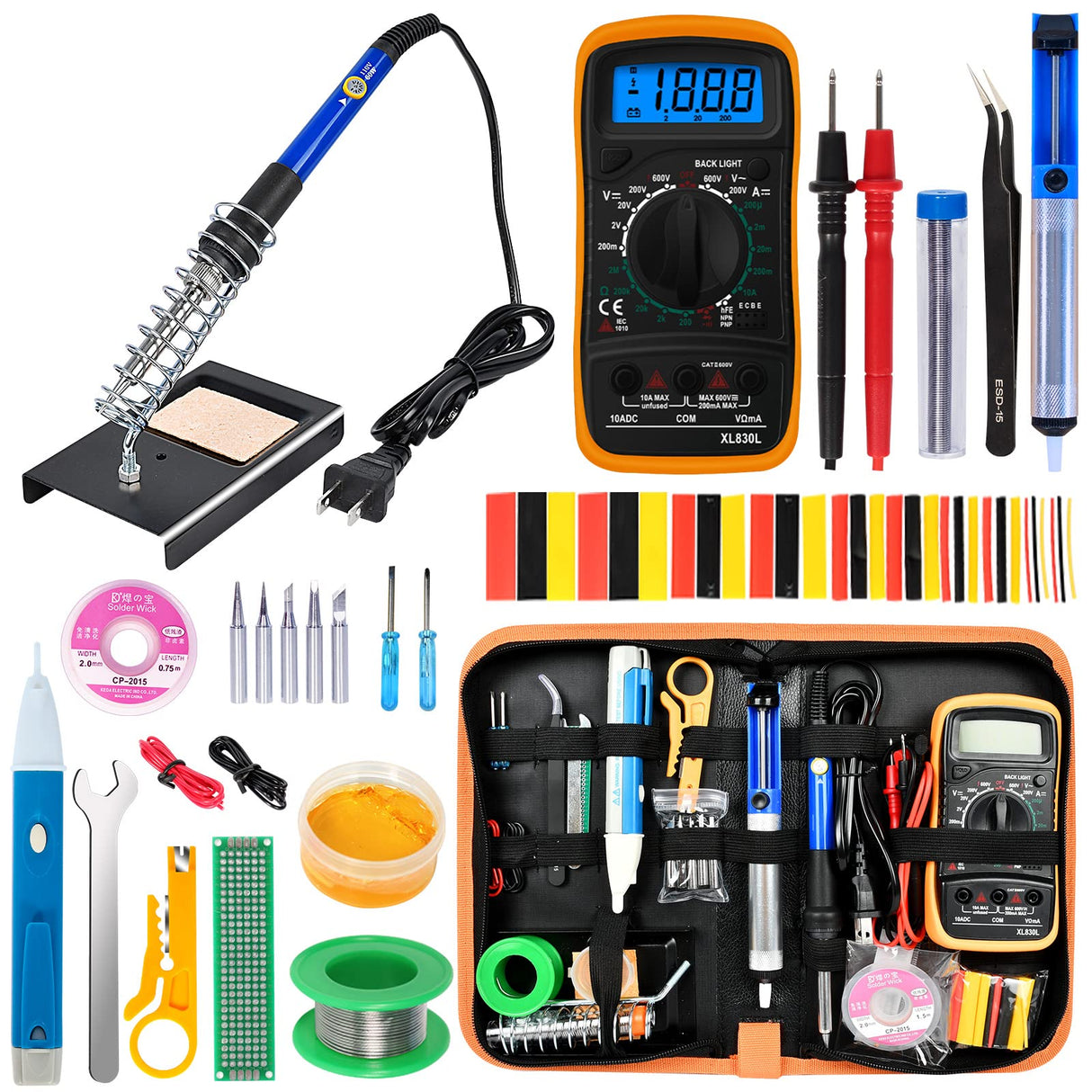 Soldering Iron Kit, 60W Adjustable Temperature, Digital Multimeter, 5pcs Soldering Tips, Wire, Stand, Desoldering Pump, Solder Wick, Tweezers, Welding Tool KYZHXVO