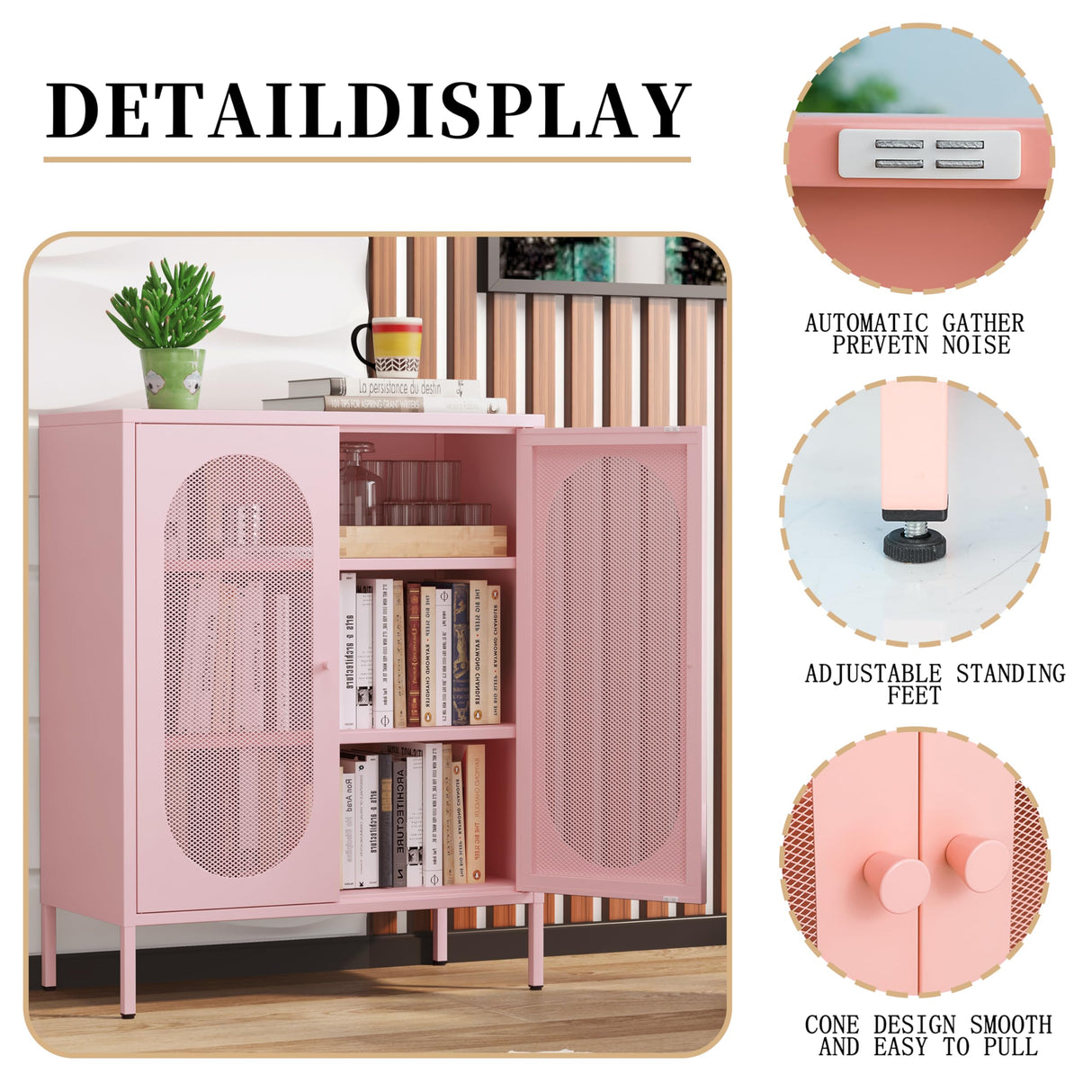 Fumedo 2 Mesh Door Metal Storage Cabinet for Bed Room,Living Room,Home,Hotel,Office,Garage,Kitchen,3-Tier,2 Removable Shelves (Mesh Door Cabinet, Pink) Fumedo