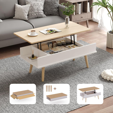 VYRIVA Lift Top Coffee Table, One Minute No Assembly Required Rising Tabletop Center Table with Large Hidden Storage Compartment, Open Shelf, Anti-Pinch Design Mute for Living Room (Oak) VYRIVA