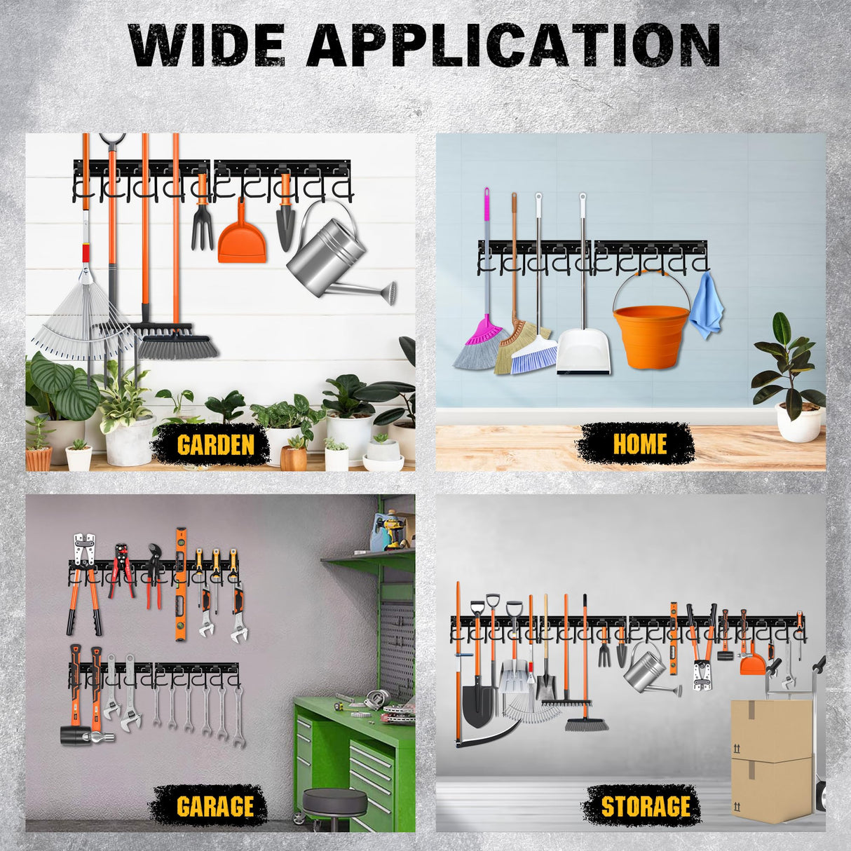 ELEAD 68'' All Metal Adjustable Garden Tool Organizer: Garage Tool Organizer Wall Mount with Black Garage Hooks, Garage Organizers and Storage, Tool Organizer for Broom Rake Holder Shovel ELEAD