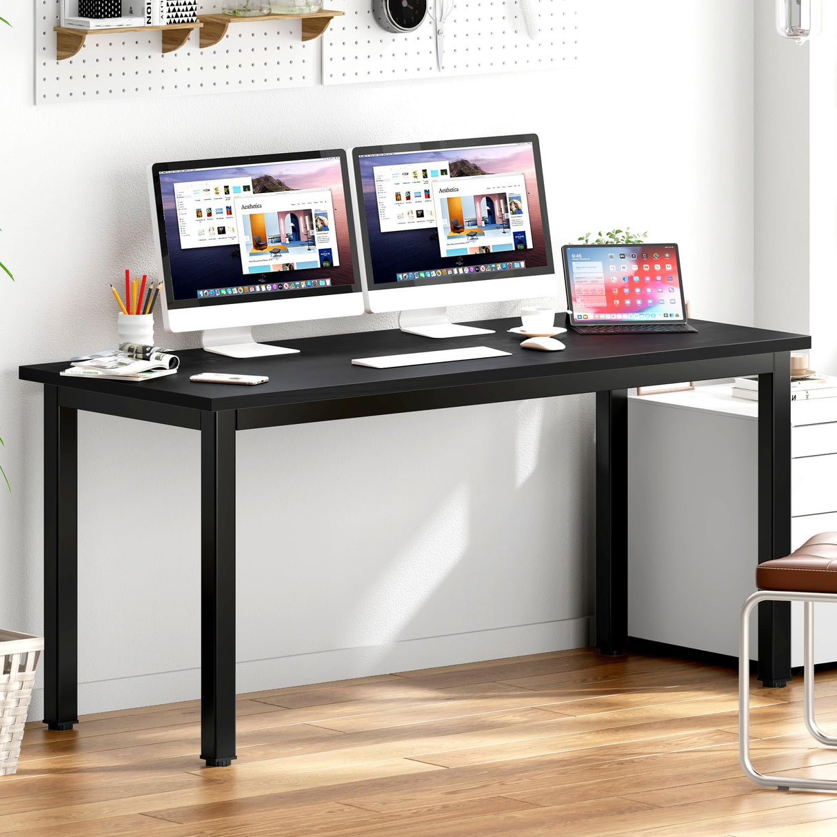 DlandHome 63 inches X-Large Computer Desk, Composite Wood Board, Decent and Steady Home Office Desk/Workstation/Table, BS1-160BB Black Walnut and Black Legs, 1 Pack DlandHome