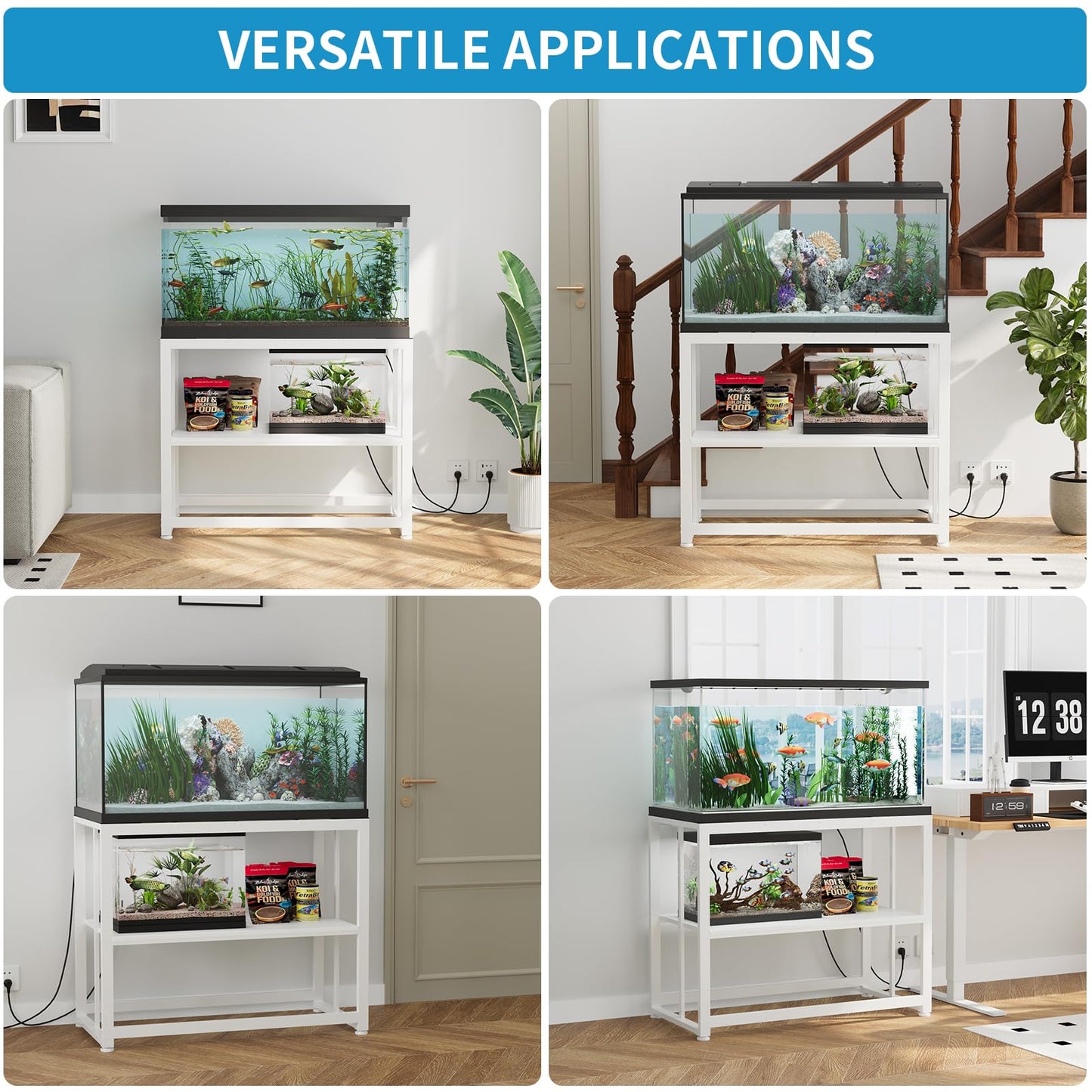 VOWNER 40-50 Gallon Fish Tank Stand - Metal Aquarium Stand, 36.6" x 18.5" x 29.5" Heavy Duty Reptile Tank Stand, Adjustable 2-Tier Fish Tank Rack Shelf for Home Office, Tank not Included, White