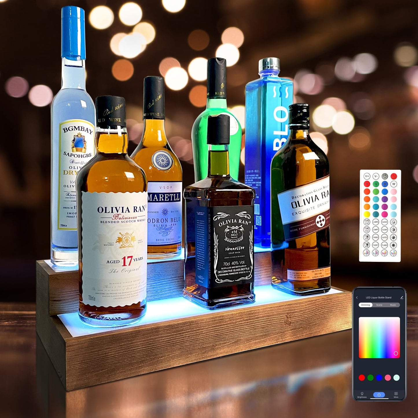 LED Lighted Liquor Bottle Stand - 2 Tier Liquor Bar Bottle Display Shelf with App & Remote Control, Holds 8 Bottles, Real Wood, Easy to Clean, No Installation Required(LED, Walnut, 2 Tier) - WoodArtSupply