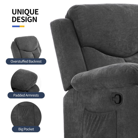 Sftaiyou Manual Rocker Recliner Massage Chair for Adults,Overstuffed Glider Rocking Recliner Fabric Chair for Living Room,Upholstered Soft Reclining Chair with Side Pocket (Dark Grey) Sftaiyou