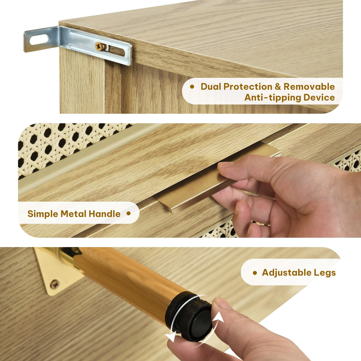 DWVO Natural Rattan 7 Drawer Dressers - Oak Wooden Dresser Chest of Drawers with Golden Handles - Modern Large Closet Boho Dressers Storage Cabinet for Living Room/Hallway/Entryway DWVO