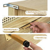 DWVO Natural Rattan 7 Drawer Dressers - Oak Wooden Dresser Chest of Drawers with Golden Handles - Modern Large Closet Boho Dressers Storage Cabinet for Living Room/Hallway/Entryway DWVO