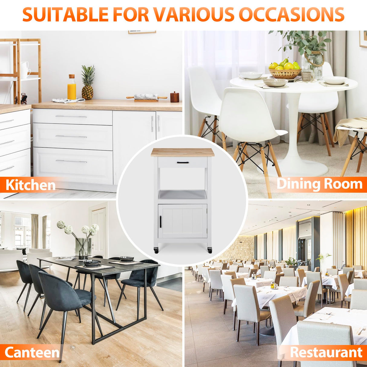 HomGarden Kitchen Island on Swivel Wheels with Drawer, Rolling Kitchen Cart Storage Cabinet with 3 Side Hooks for Dining Room, White HomGarden