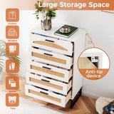 Mericonia 5 Drawer Rattan Dresser for Bedroom, Wood Tall Dresser for Closet with Metal Handles, Boho Nightstand Sets, Dressers & Chests of Drawers for Bedroom, Hallway and Entryway, White Mericonia