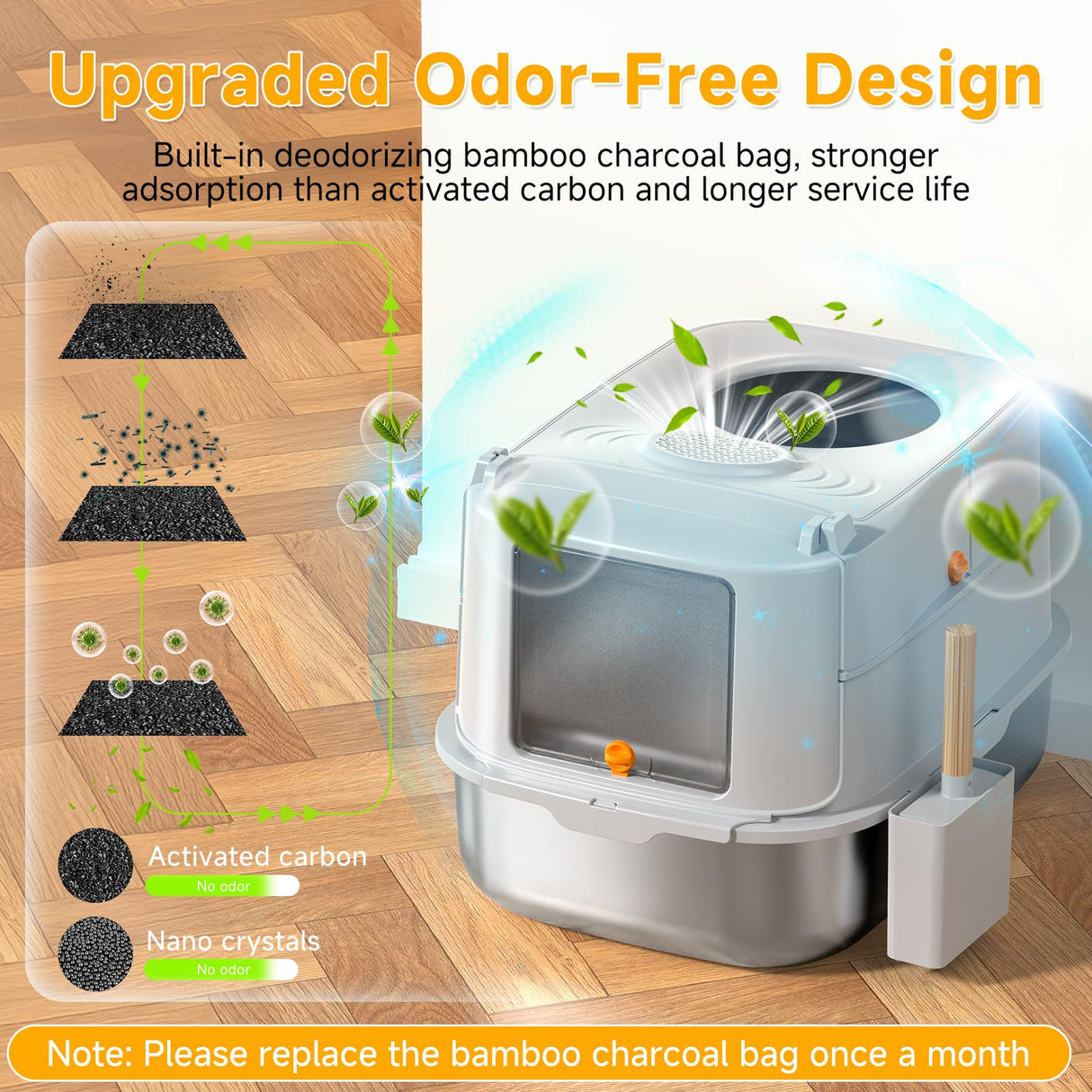 Stainless Steel Cat Litter Box with Lid, XL Extra Large Metal Litter Box for Big Cats, 180° Flip Cover Enclosed Top Entry Litter Boxs with High Sided Enclosure & Scoop, Non-Sticky, Anti-Leakage PIRAIL