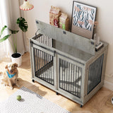 IchbinGo Large Dog Crate Furniture, 47" Wooden Dog Kennel with Sliding Barn Door, Flip-Top Lid & Wheels, Indoor Pet Crate Table with Detachable Divider for Small/Medium/Large Dogs (Rustic Grey) IchbinGo