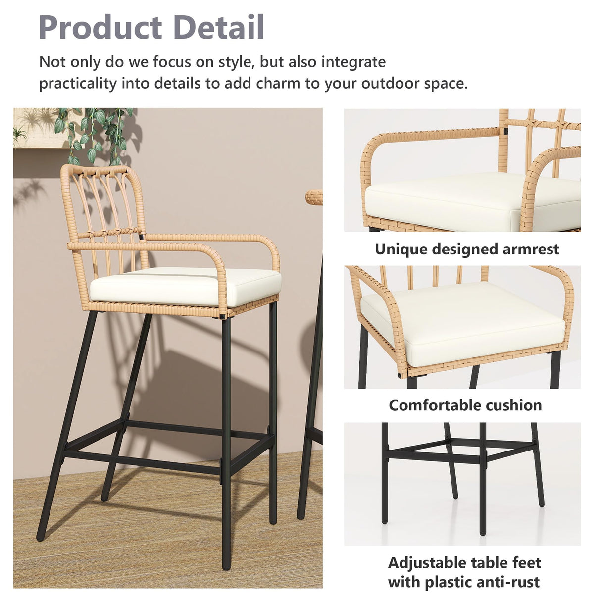 LQFATEST 3 Pieces Outdoor Bar, Wicker Outdoor Bar Table and Outdoor Bar Stool Set of 2, Outdoor Bar Set with Thick Lumbar Pillow for Backyards, Porches-Beige LQFATEST
