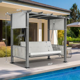 Pamapic 2-in-1 Convertible Porch Swing Bed, 3-Seat Elegant Patio Swing with Wicker Armrests, Outdoor Chair with Adjustable Canopy for Balcony, Garden, and Poolside, Gray Pamapic