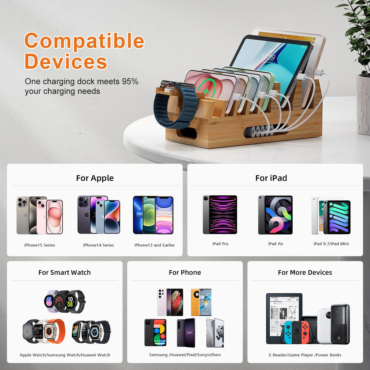 Pezin & Hulin Bamboo Charging Station Holder with 5 Port USB Charger, 5 x Charge Cables, Watch Stand, Wood Docking Stand Electronic Organizer for Multiple Devices, Phones, Tablets and More Pezin & Hulin