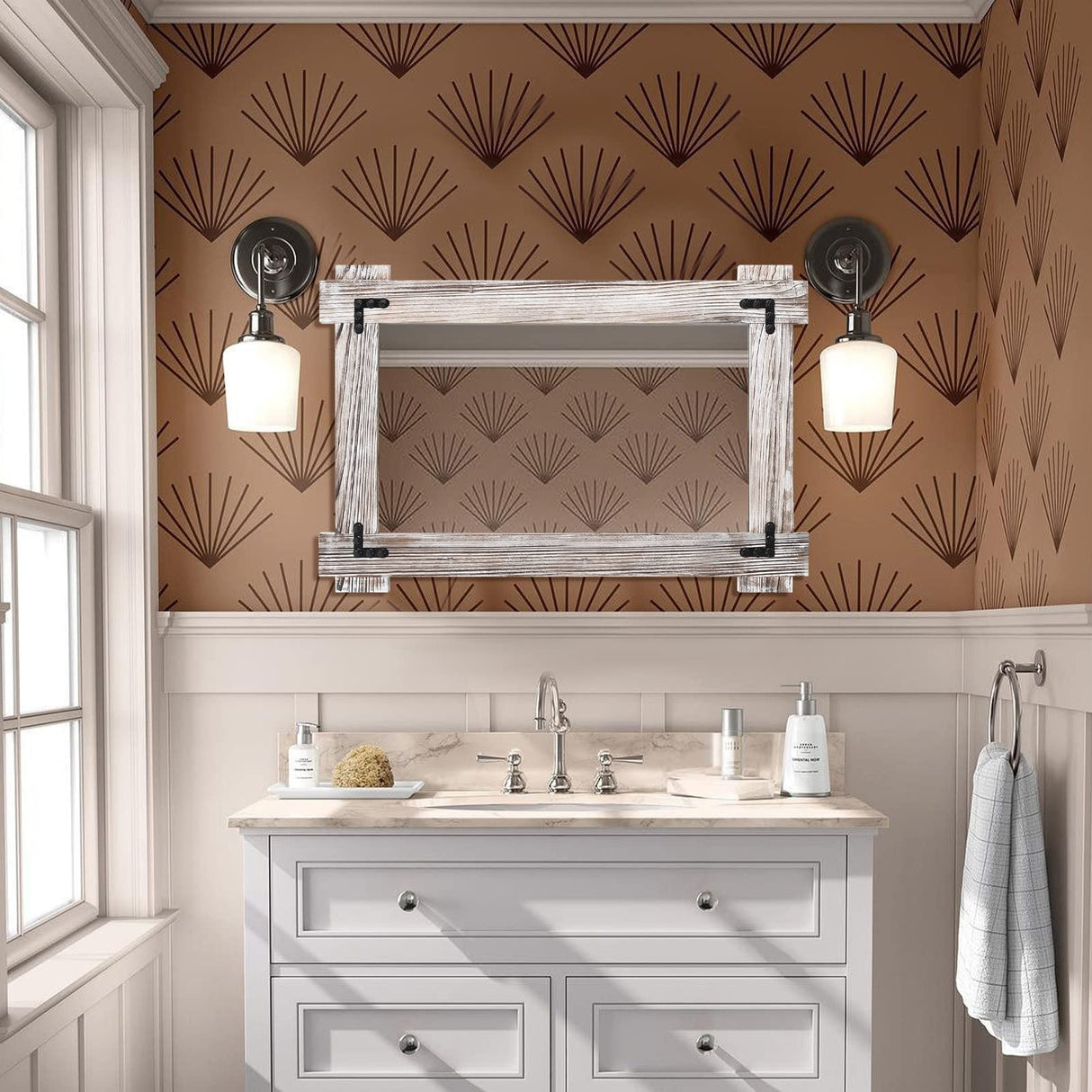 MeMoreCool Farmhouse Rustic Wood Framed Bathroom Mirror, Decorative Wall Mounted Rectangular Mirror for Bedroom, Living Room, or Bathroom, 24x36 Inch, White MeMoreCool