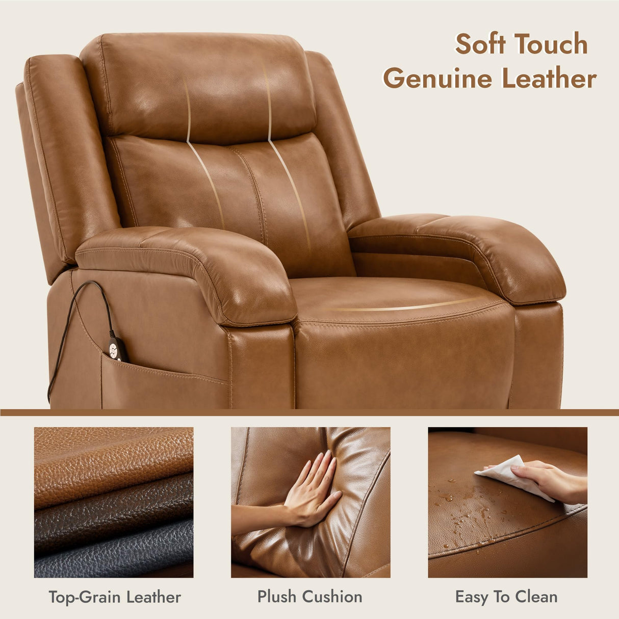Watson & Whitely Genuine Leather Power Lift Recliner Chair for Elderly with Heat and Massage, Electric Lay Flat Lift Chairs with Power Headrest & Visual Remote Control, Dual Motor, Saddle Brown Watson & Whitely