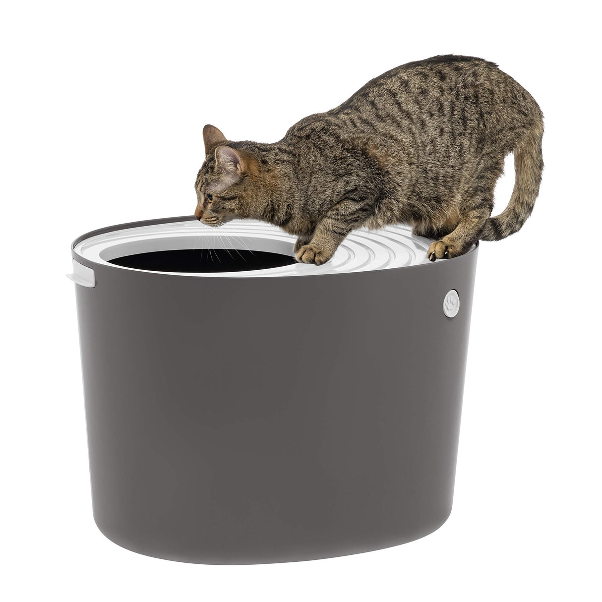 IRIS USA Large Top Entry Cat Litter Box with Scoop, Stylish Round Cat Litter Box Enclosure, Kitty Litter Box, Dark Gray/White IRIS