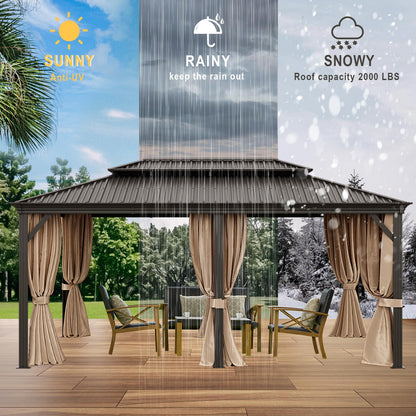 12x18Ft Hardtop Gazebo, Aluminum Frame Canopy with Double Galvanized Steel Roof, Outdoor Heavy Gazebo with Nettings and Curtains for Backyard, Patio and Deck (Brown 12x18 Ft) - WoodArtSupply