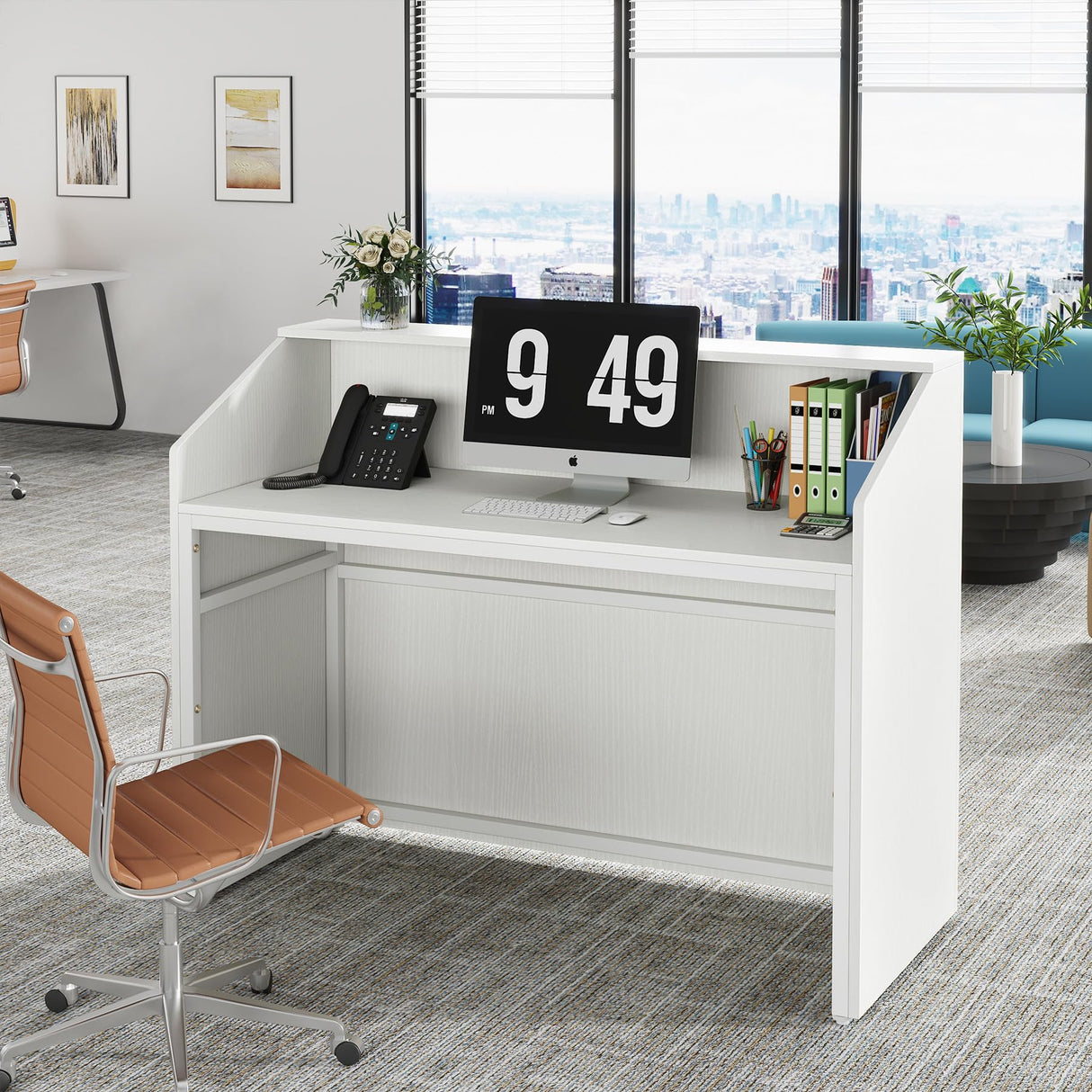 Tribesigns Reception Desk with Counter, Modern Front Desk Reception Room Table with Cable Grommet, 47 inch Retail Counter for Checkout, Lobby, Beauty Salon, Home Office Desk, White Tribesigns