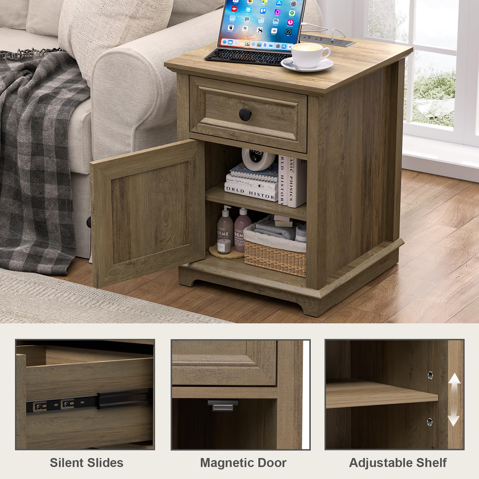 REDAYFUR End Tables with Fast-Charge Set of 2, Side Tables with Drawer Storage and Adjustable Shelf, Charging Nightstand Set of 2, Wooden Side Table for Living Room/Bedroom/Office, Light Brow - WoodArtSupply