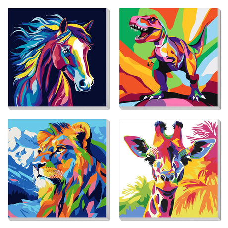 4 Pack Paint by Numbers Kit for Kids, Horse Color By Number Painting Kits for Kids Ages 8-12 Dinosaur Paint by Numbers with Framed Canvas Children DIY Paints by Number Kits for Beginners 8x8 Inch AILIBUT