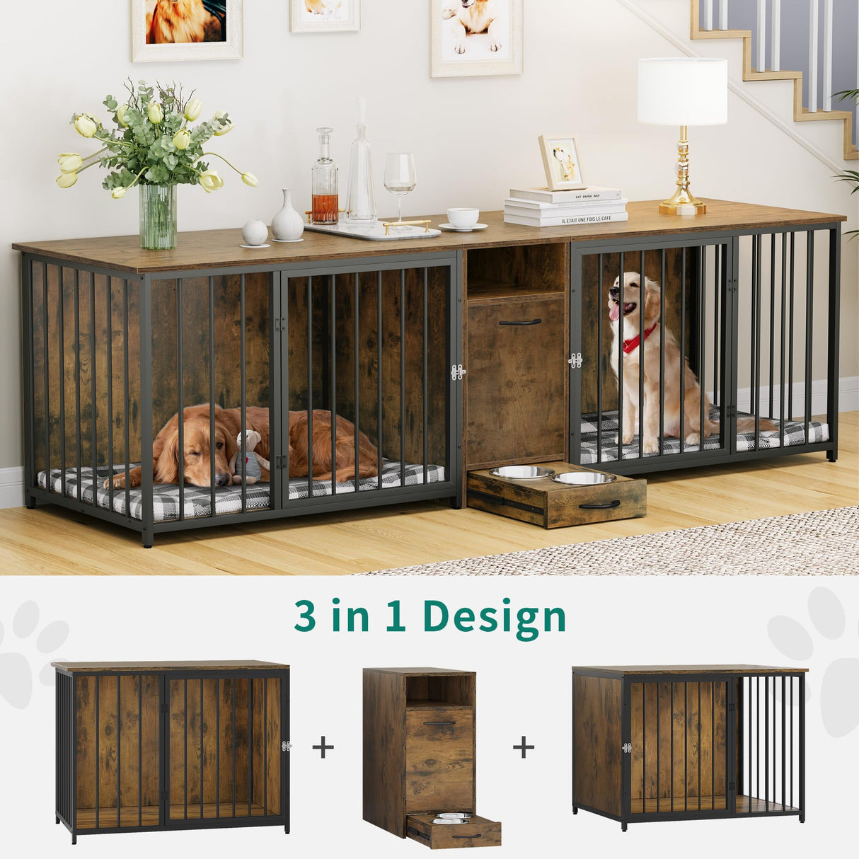 DWVO 95in Double Dog Crate Furniture with Feeder Bowls, Wooden Large Dog Kennel with Storage Drawer, Indoor Dog Kennel TV Cabinet for 2 Large/Medium Dogs, Brown DWVO