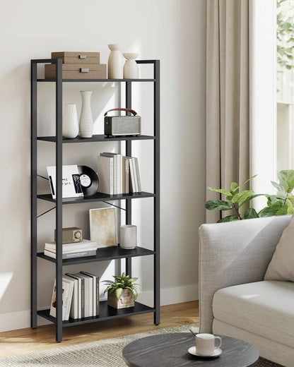 VASAGLE Industrial 5-Tier Bookshelf with Steel Frame in Ebony Black - WoodArtSupply