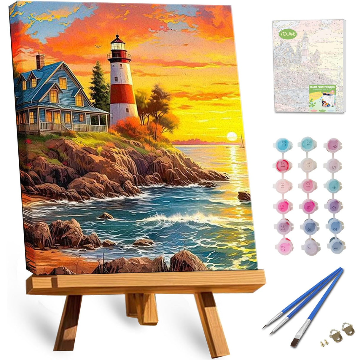 TOCARE Framed Paint by Numbers Kit for Adults, 12x16Inch Lighthouse Paint by Numbers with Frame, Sunset Beach Paint by Number Framed Canvas Seascape Nature Scenery(Without Easel) TOCARE
