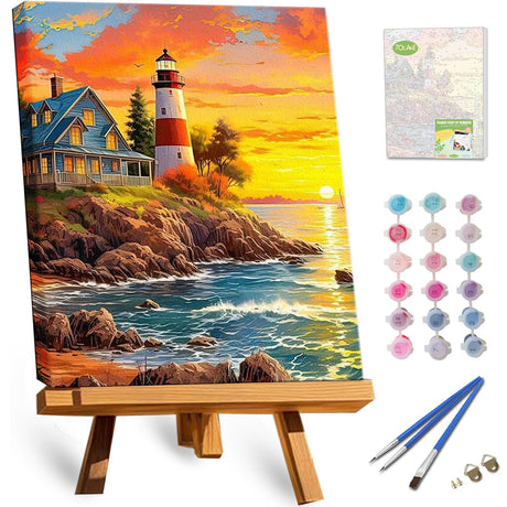 TOCARE Framed Paint by Numbers Kit for Adults, 12x16Inch Lighthouse Paint by Numbers with Frame, Sunset Beach Paint by Number Framed Canvas Seascape Nature Scenery(Without Easel) TOCARE