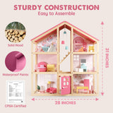 Tiny Land Wooden Dollhouse for Girls - 6 Rooms Wooden Doll House, DIY Pretend Dream House with 30Pcs Furniture Accessories, Gift for Girl Ages 3+ Tiny Land
