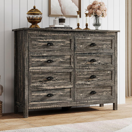 Rustic 8 Drawer Dresser for Bedroom, Modern Farmhouse Wood Dresser with Vintage Black Antique Handle, Double Dresser and Chest of Drawers for Hallway 8 Drawer Dresser, Rustic Brown Oak HOUROM
